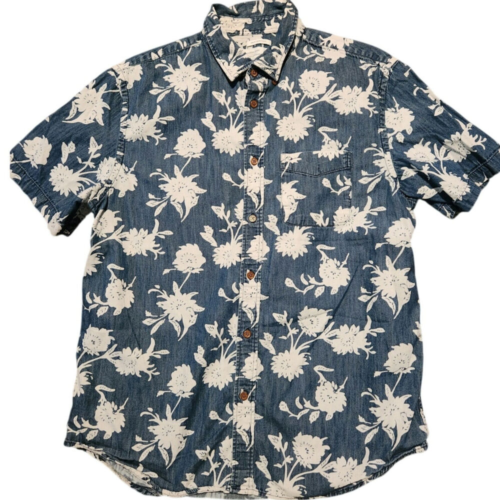 Old Navy Slim Fit Denim Floral Button Up Shirt Men’s Large Blue White